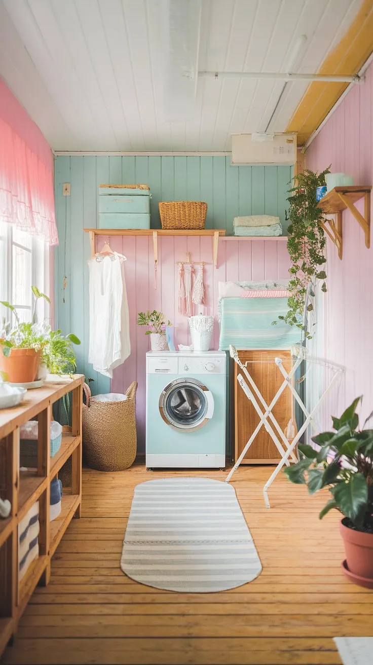 Sunlight streams into this charming Scandinavian laundry room, where vintage meets practicality. The soft pastel walls, wooden floors, and rustic details create a space that's both functional and aesthetically pleasing. A simple drying rack, wooden shelves, and a touch of greenery complete the serene atmosphere. This is where chores become a mindful moment.