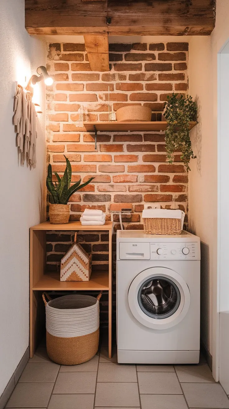 Rustic charm meets modern convenience in this cozy Scandinavian laundry room. The vintage washing machine adds a touch of nostalgia, while the wooden shelving and brick wall create a warm and inviting farmhouse feel. A simple yet stylish space where functionality meets aesthetic appeal.