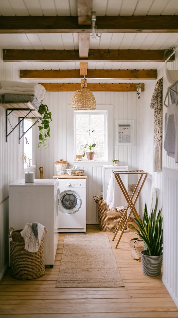 The heart of this farmhouse, a Scandinavian-inspired laundry room where practicality meets charm. Warmth radiates from the aged wood, vintage washer, and the simple elegance of the space. A perfect blend of rustic and refined.