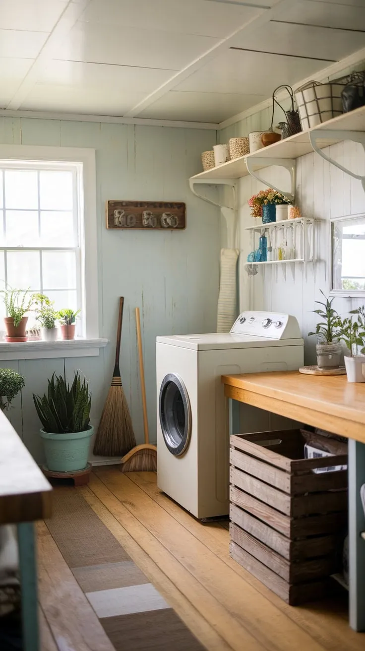 Rustic charm meets practical function in this vintage farmhouse laundry room. The aged wood, soft blue walls, and antique washing machine create a space that's both beautiful and a efficient.