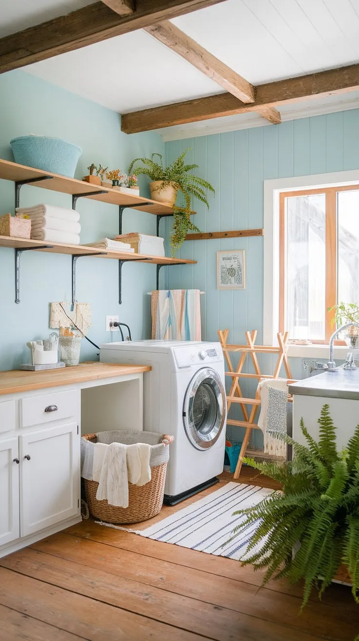 A haven of calm amidst the daily grind. This Scandinavian-style laundry room, with its pale blue hues and whitewashed cabinets, is a testament to blending functionality with beauty. The vintage washing machine and wooden dryer rack add a touch of rustic charm, while the potted plants bring a sense of tranquility to this delightful space. A perfect blend of practicality and aesthetic appeal.