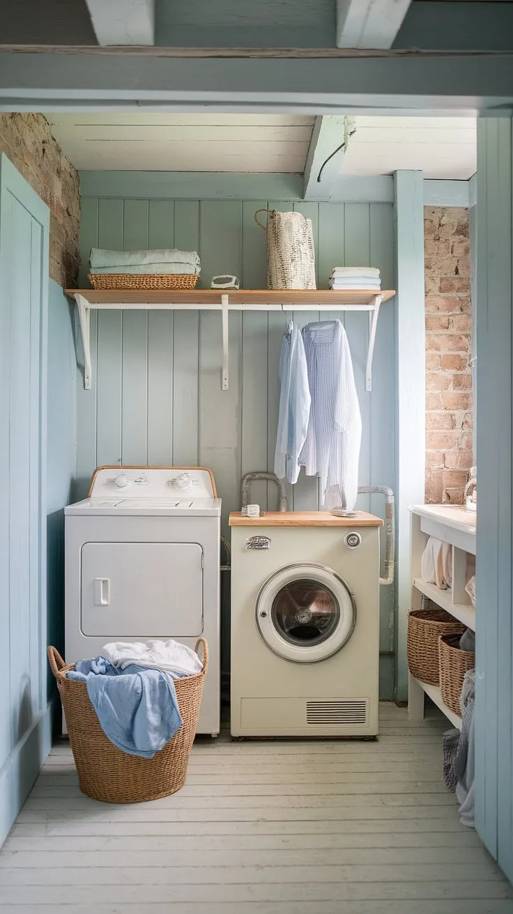 This serene laundry room blends rustic charm with Scandinavian simplicity. The soft blue paint, exposed brick, and vintage appliances create a space that's both functional and aesthetically pleasing. A simple wooden shelf holds freshly laundered clothes, adding to the overall sense of calm and order.