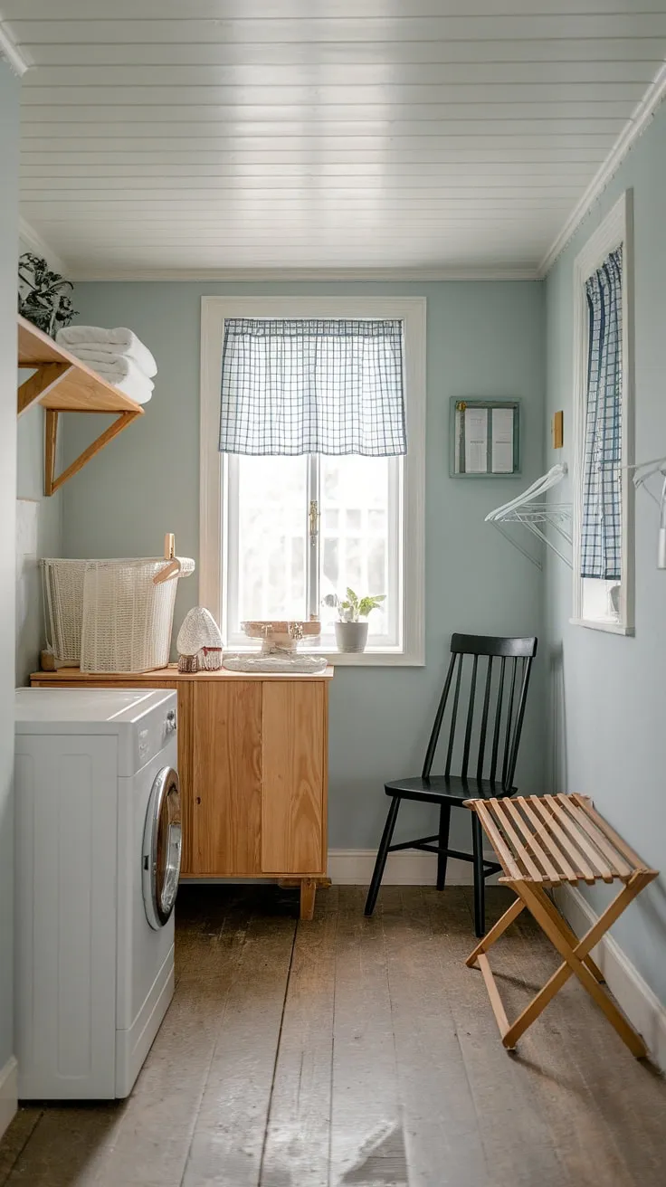 Rustic charm meets modern function in this Scandinavian-style laundry room. The vintage washing machine and wooden drying rack add character, while the soft blue walls and weathered wood floors create a calming atmosphere. A simple black chair and wooden cabinet complete the space, making even laundry day feel peaceful.