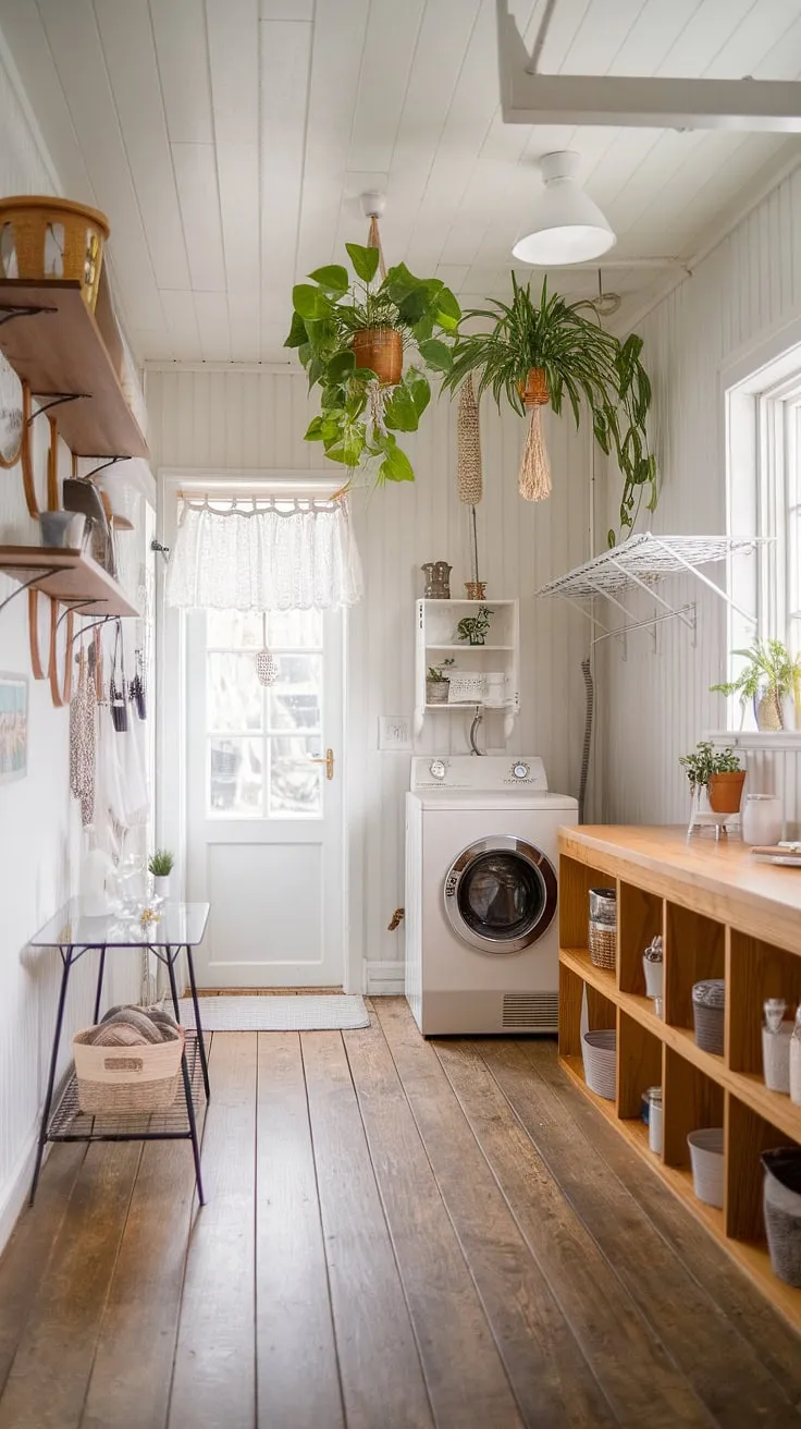 This bright and airy laundry room effortlessly combines Scandinavian minimalism with farmhouse charm. The wooden floors, white walls, and thoughtfully placed plants create a calming atmosphere, while the vintage washing machine and practical storage solutions add a touch of rustic character. A haven of clean lines and natural beauty.
