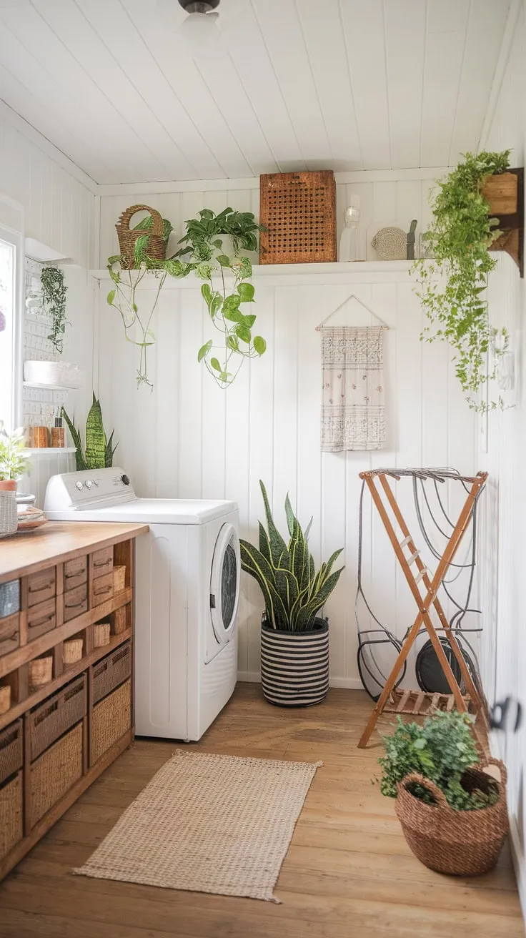 This bright and airy laundry room effortlessly combines Scandinavian minimalism with farmhouse warmth. The rustic wooden cabinet provides ample storage, while the vintage washing machine adds a touch of character. A testament to how even utilitarian spaces can be beautifully designed and a incredibly functional.