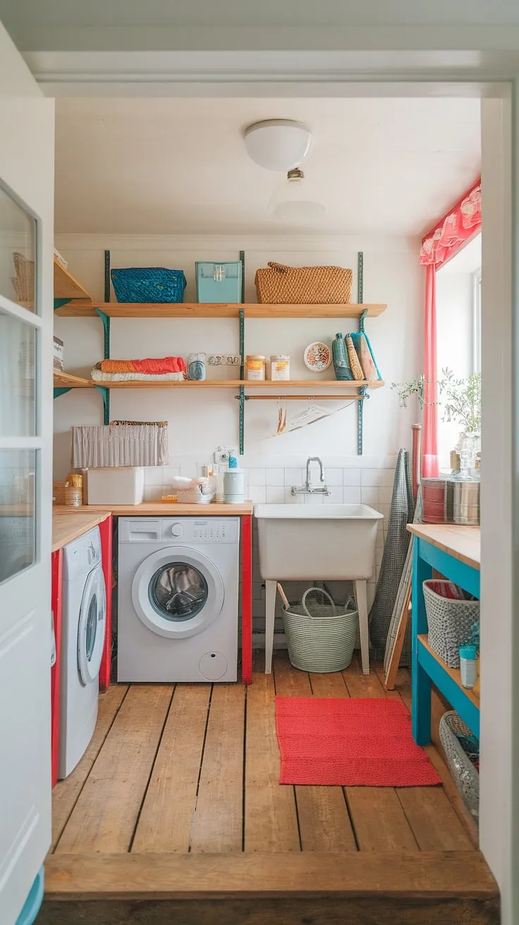 Sunlight streams into this charming farmhouse laundry room, where rustic wooden shelves and vibrant pops of red, blue, and yellow add a cheerful touch to the practical space. The combination of modern appliances and traditional Scandinavian design creates a functional and aesthetically pleasing area, perfect for tackling even the biggest laundry piles. A true testament to blending form and function.