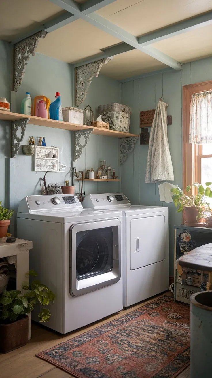 Step into a haven of rustic charm. This laundry room, with its soft blue walls and exposed wooden beams, seamlessly blends vintage aesthetics with modern convenience. The carefully curated cleaning supplies and thriving greenery add a touch of personality, making chores feel a little less like work and a little more like a peaceful retreat.