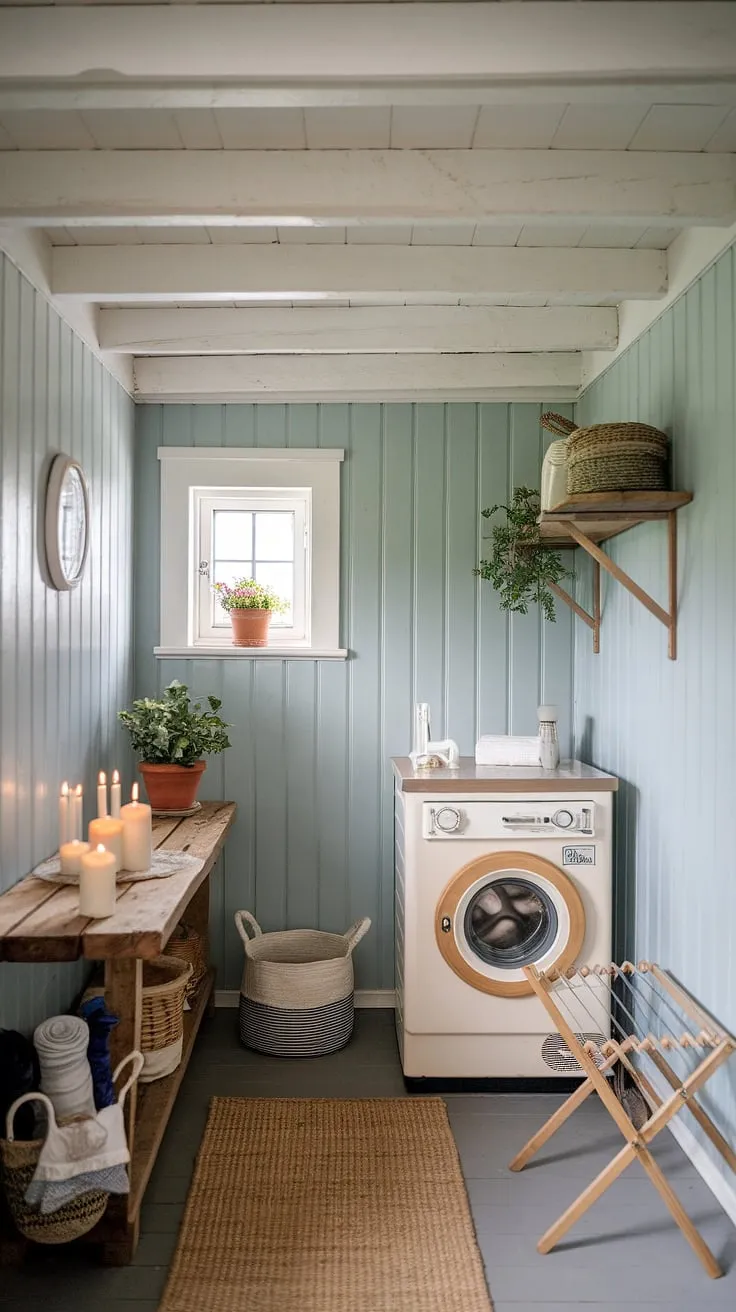 A haven of calm amidst the daily grind. This charming Scandinavian laundry room, painted in a soothing blue, boasts a vintage washing machine and practical storage solutions. The rustic wooden shelf, adorned with candles and a plant, adds a touch of personality, while the woven rug underfoot provides comfort and warmth. A space where functionality meets serene beauty.