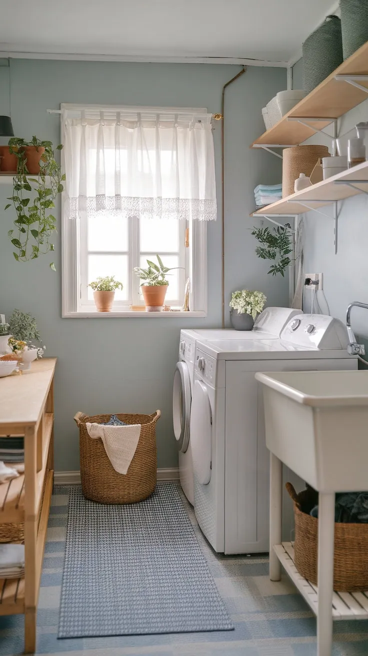This light and airy Scandinavian-style laundry room is the epitome of understated elegance. The simple wooden shelves, white curtains framing a small window, and a blue and white checkered floor mat add a touch of charm. A practical space, made beautiful with thoughtful details and a few potted plants.