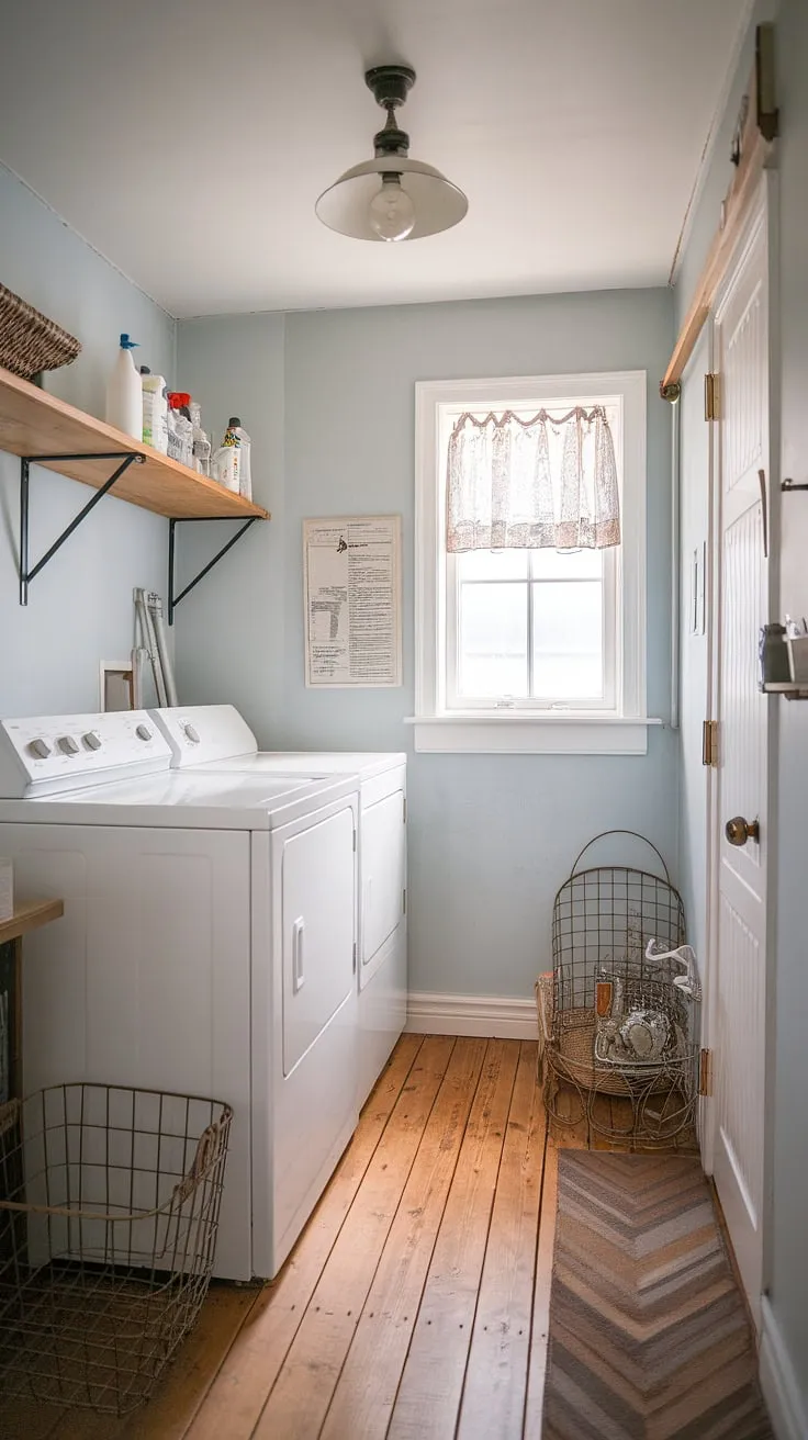 Sunlight streams through the window, illuminating this charming Scandinavian laundry room. The soft blue walls, wooden floors, and vintage details create a peaceful atmosphere, perfect for tackling even the most daunting laundry pile. A simple wooden shelf holds cleaning supplies, while a vintage metal basket adds a touch of cottagecore charm. This space proves that even a small laundry room can be both functional and beautiful.