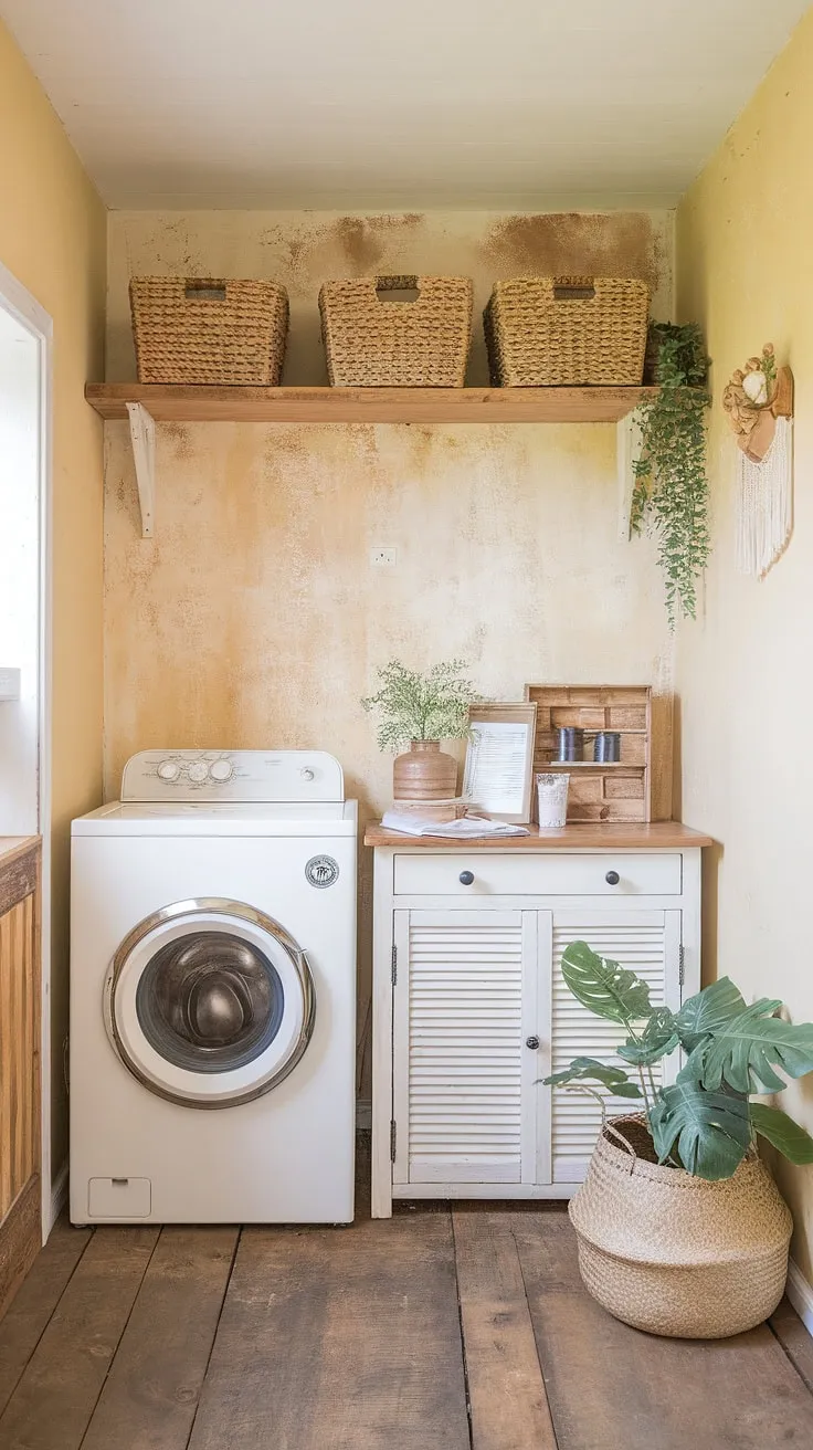 Sunlight streams into this cozy Scandinavian laundry room, where vintage charm meets practical function. The soft yellow walls and wooden floors create a warm and inviting atmosphere, perfect for tackling chores with a touch of cottagecore delight. A simple wooden shelf holds neatly organized baskets, while a potted plant adds a touch of life to this charming space. This is where functionality and beauty seamlessly blend.