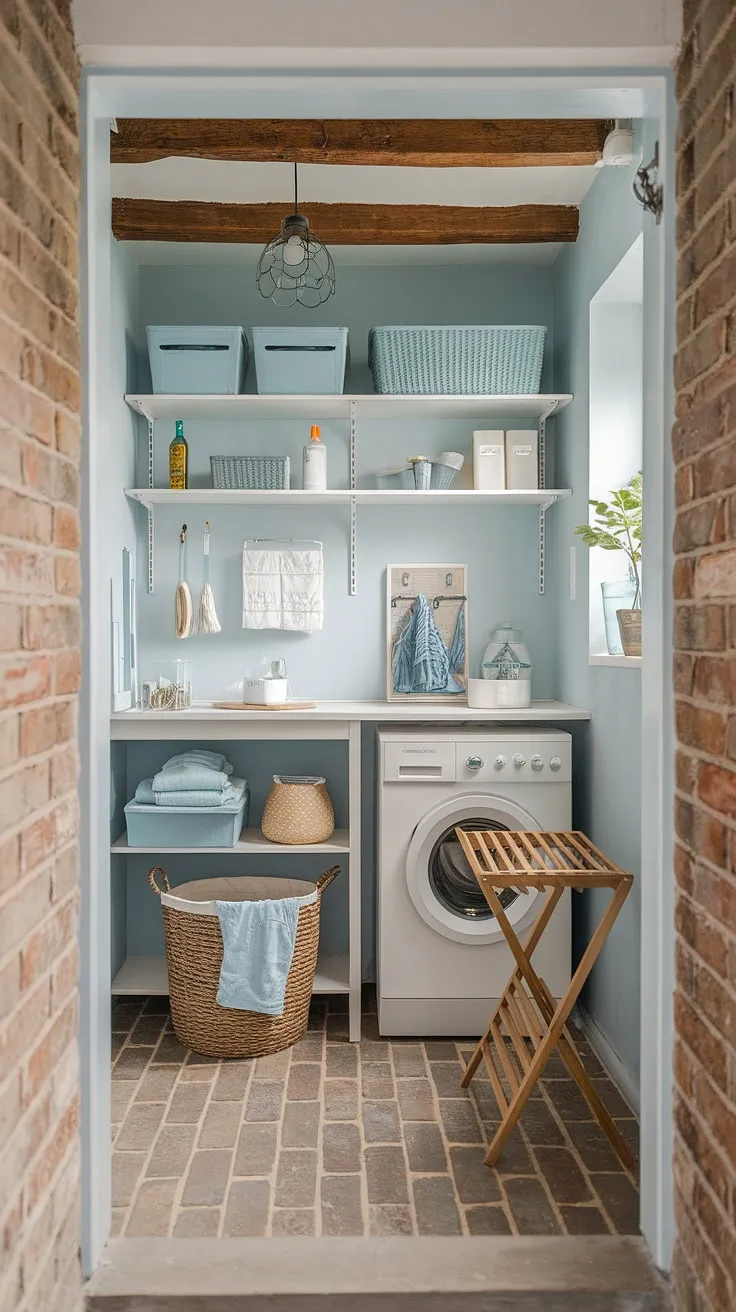 Soft blue walls and exposed brick create a calming backdrop for this charming laundry room. The vintage washing machine and wooden drying rack add a touch of rustic charm, while the organized shelves and storage baskets keep everything neat and tidy. A testament to how beautiful practicality can be.