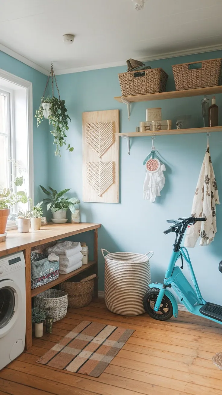 This bright blue haven proves that even a laundry room can be a stylish sanctuary. The rustic wooden counter and floor, paired with charming baskets and potted plants, create a welcoming farmhouse feel. The unexpected addition of a vintage moped adds a touch of playful personality to this perfectly organized space. A testament to the beauty of blending function and design.