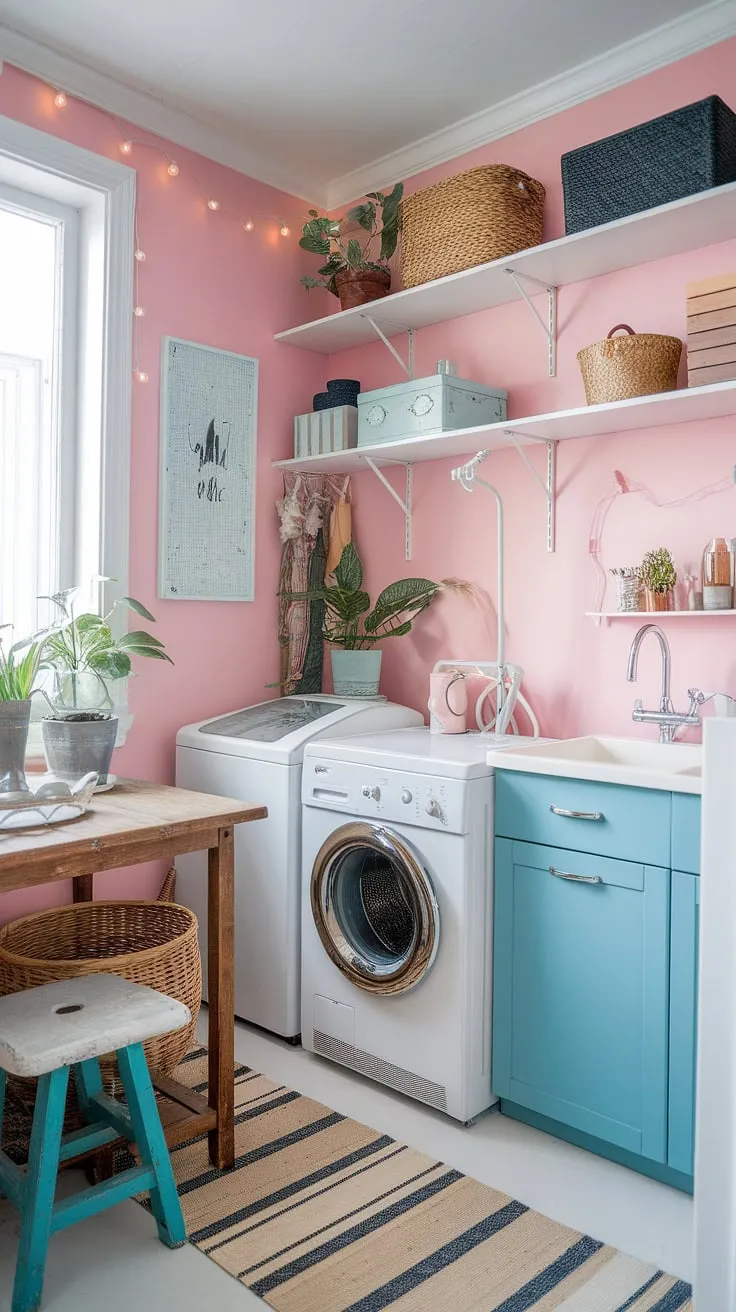 This cheerful Scandinavian laundry room, painted in a vibrant pink, proves that even utilitarian spaces can be brimming with personality. The mix of vintage and modern appliances, alongside the charming farmhouse details and pops of blue, creates a space that's both functional and aesthetically pleasing. A perfect blend of old and new, this room shows how a little creativity can transform a chore into a joyful experience.