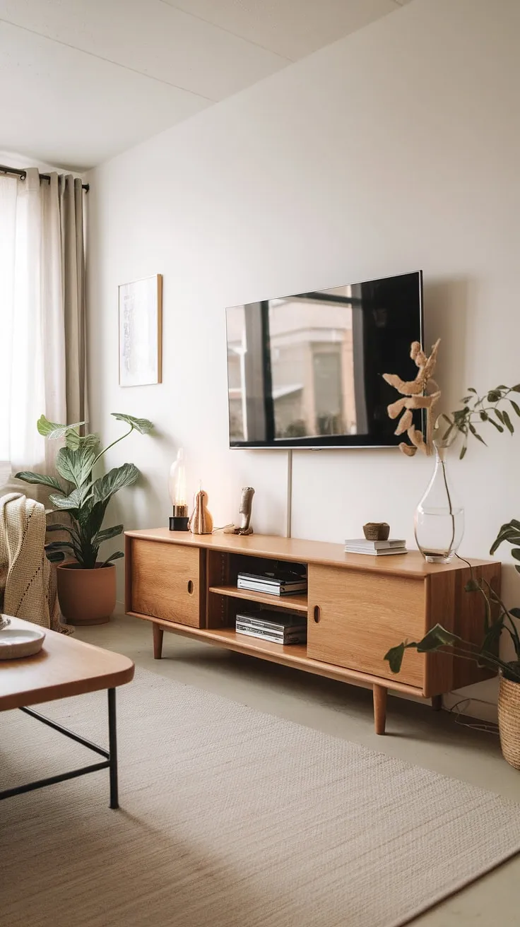 Clean lines and natural textures define this Scandinavian and Japandi-inspired living room. The oak entertainment center, a focal point of minimalist design, anchors the space with warmth and functionality. A perfect blend of understated elegance and comfortable living.