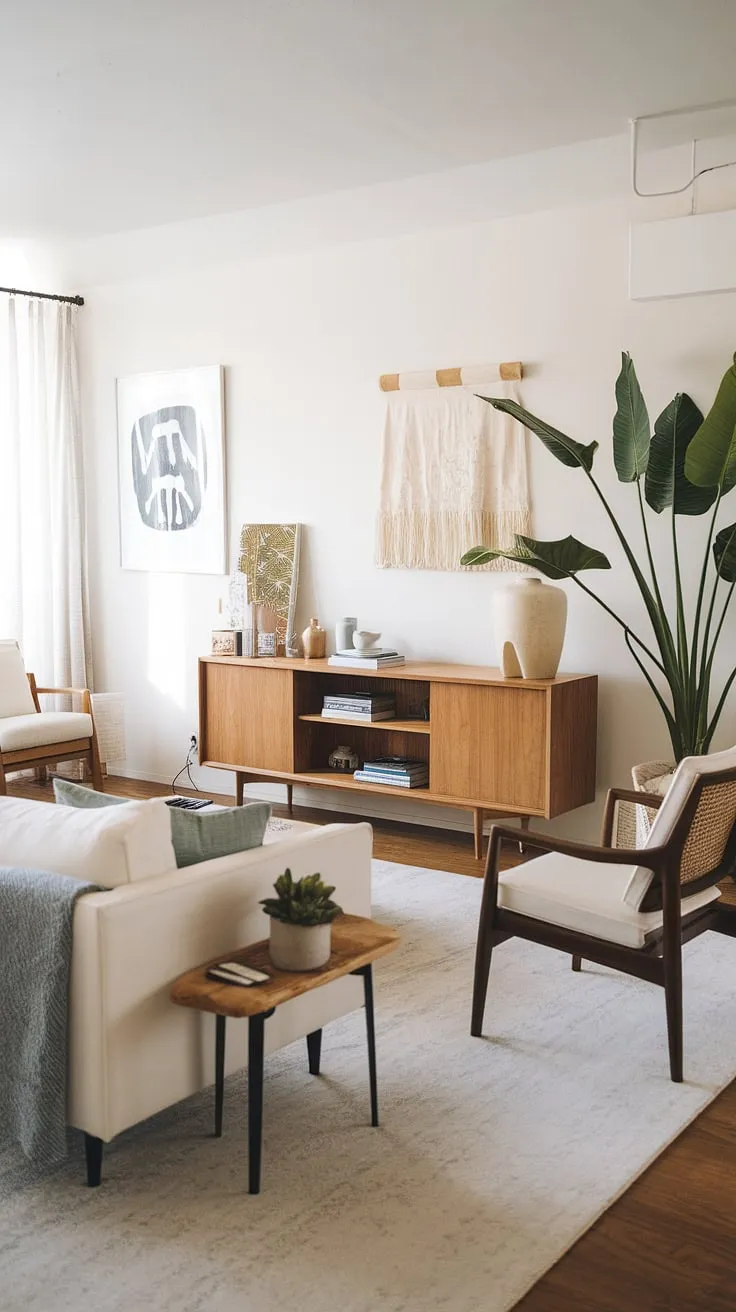 Light floods this tranquil living room, showcasing the clean lines of a modern oak entertainment center and the airy feel of Scandinavian and Japandi design. The white sofa and wooden chairs offer comfortable seating, while a large potted plant brings life and warmth to the space. A harmonious blend of textures and natural elements creates a haven of peace and quiet.