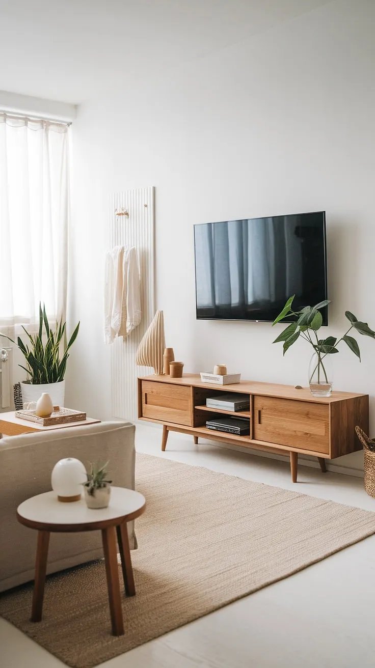 A haven of calm: This living room effortlessly combines Scandinavian and Japandi design elements. The clean lines of the oak entertainment center and the muted color palette create a space that is both aesthetically pleasing and incredibly relaxing. A perfect blend of form and function.