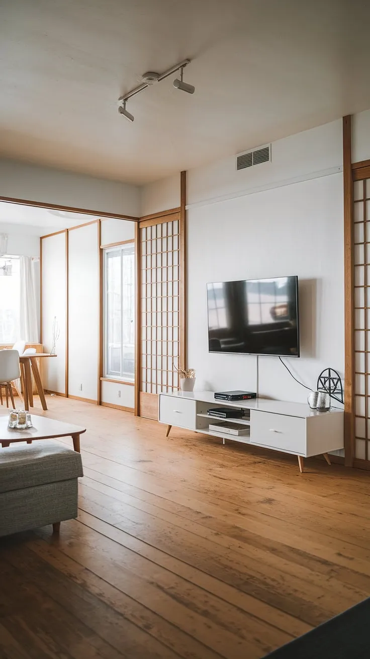 Clean lines and natural materials define this spacious Scandinavian living room, showcasing a harmonious Japandi aesthetic. The oak flooring adds warmth underfoot, while the minimalist entertainment center keeps the focus on the abundant natural light flooding the room. A sanctuary of calm and understated elegance.