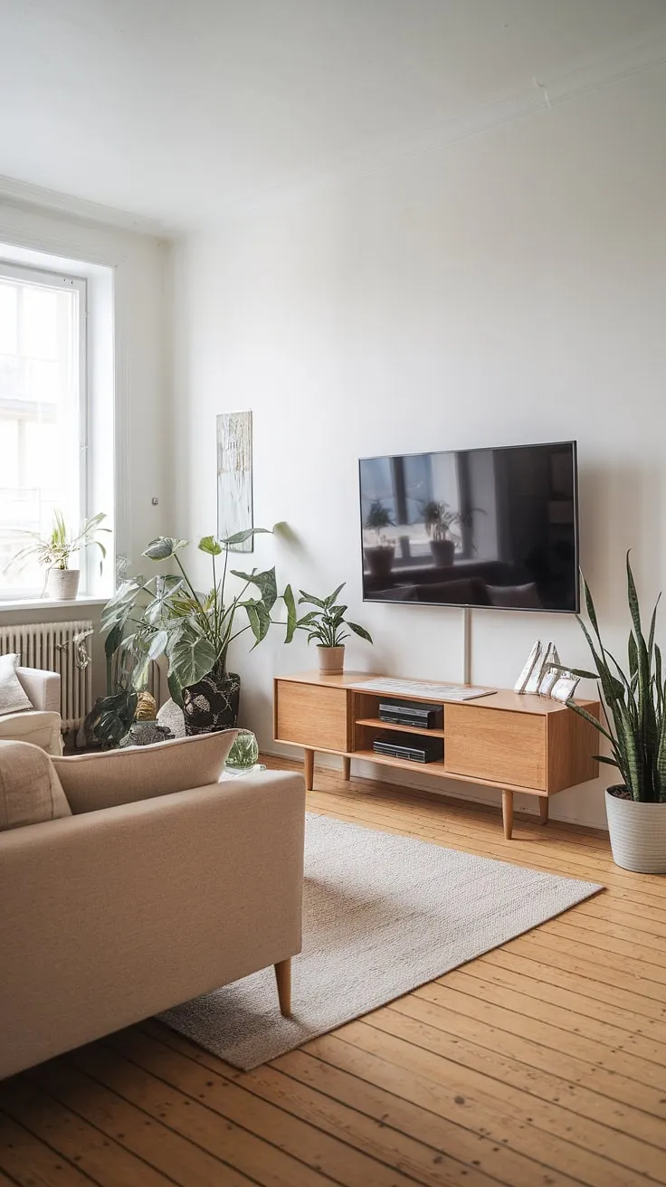 Simplicity and serenity define this Scandinavian living room. The warm oak entertainment center, complemented by the beige sofa and lush greenery, creates a calming atmosphere perfect for relaxation. A minimalist approach ensures every element contributes to a sense of understated elegance.