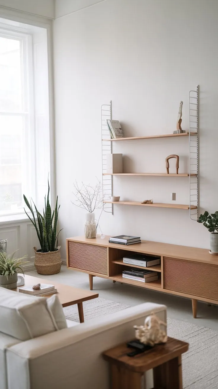 Sunlight streams through the large window, illuminating the serene Scandinavian living room. The minimalist design, featuring a modern oak TV stand and Japandi-inspired media wall, creates a calm and inviting atmosphere. A few carefully chosen books and wooden accessories add warmth, while the white sofa provides a clean, comfortable space to relax.