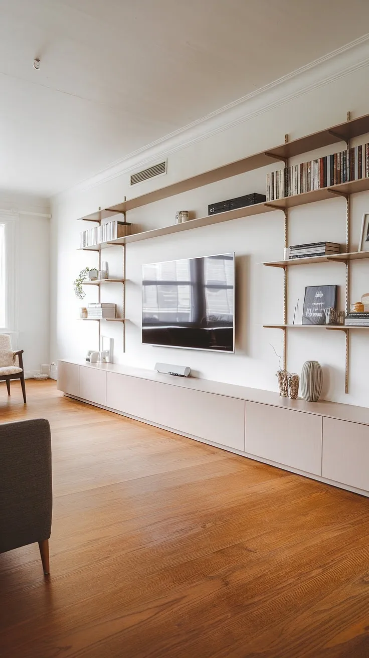 Clean lines and natural light define this Scandinavian living room. The minimalist TV wall, built-in entertainment center, and oak flooring create a serene and functional space, perfect for relaxation and understated elegance. A sense of calm permeates the room, enhanced by the carefully curated books and decorative objects.