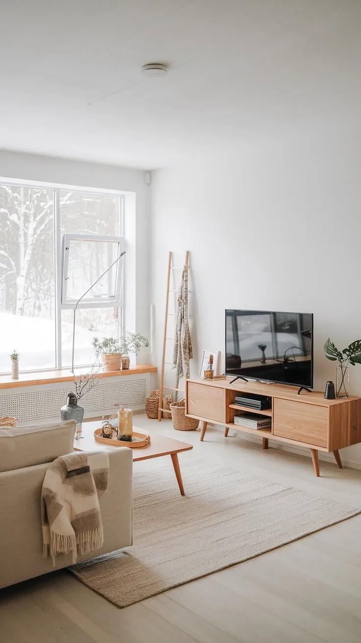 Winter light floods this minimalist Scandinavian living room, highlighting the clean lines of the oak TV stand and the expansive snowy view beyond. The simple elegance of the space is perfectly complemented by the warmth of the natural wood.