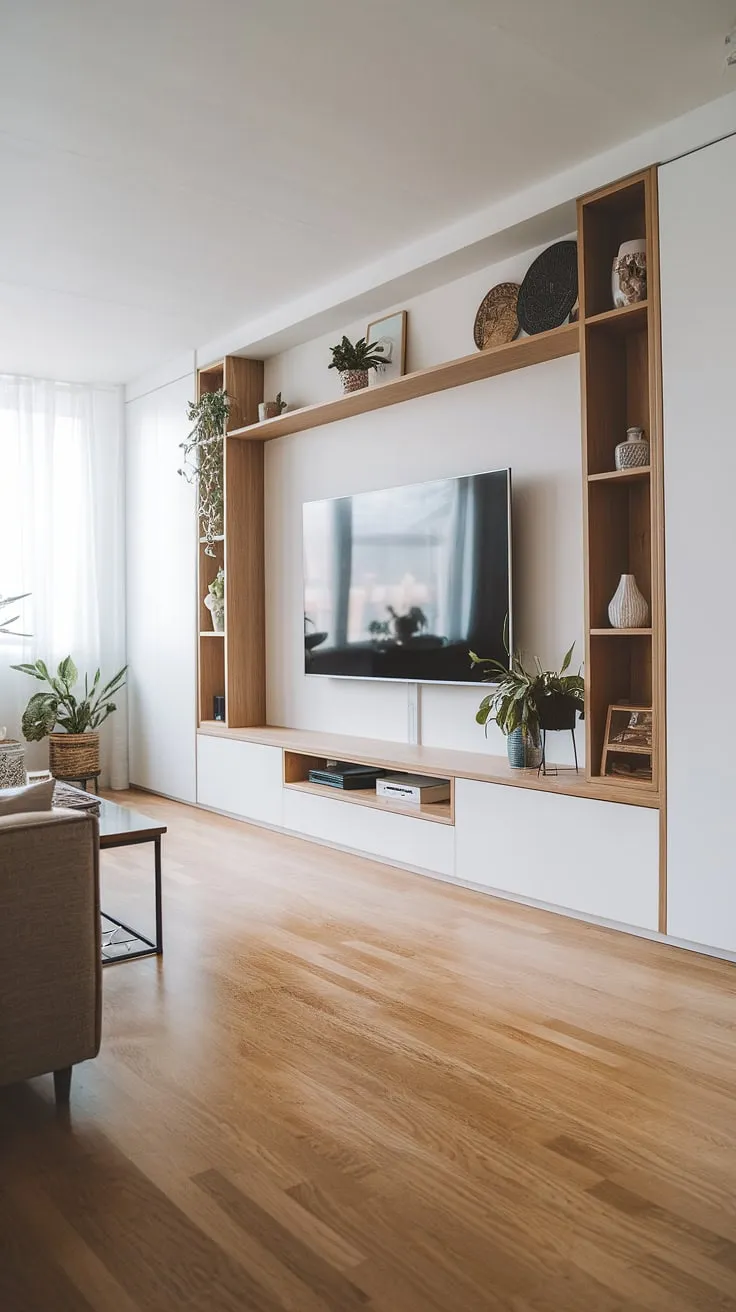 Serene Scandinavian living, elevated by a Japandi-inspired media wall. The clean lines and natural oak flooring create a calming atmosphere, perfect for relaxation and entertainment. A sense of understated elegance pervades the space.