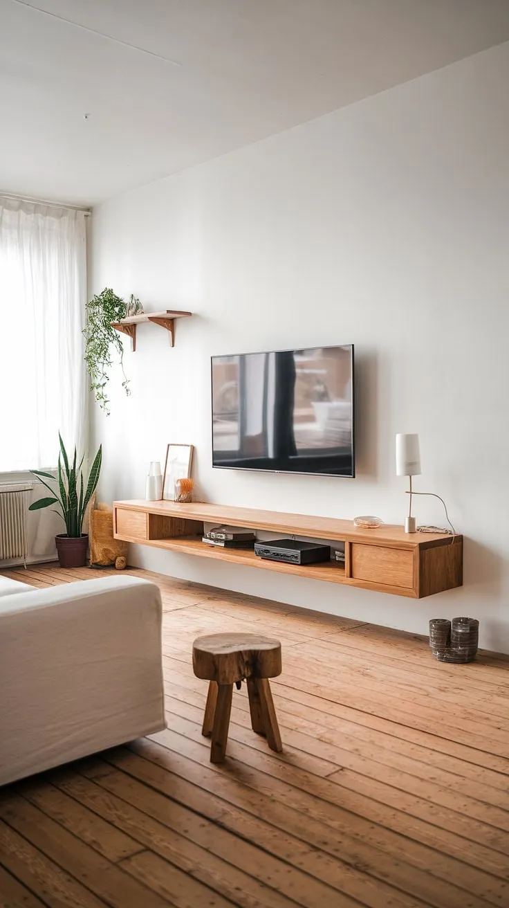Clean lines and natural light define this Scandinavian living room. The oak entertainment center, a focal point of understated elegance, perfectly complements the minimalist aesthetic and provides ample space for both display and storage. A sense of calm pervades the space, enhanced by the pale wood flooring and the simple, yet stylish, furniture.