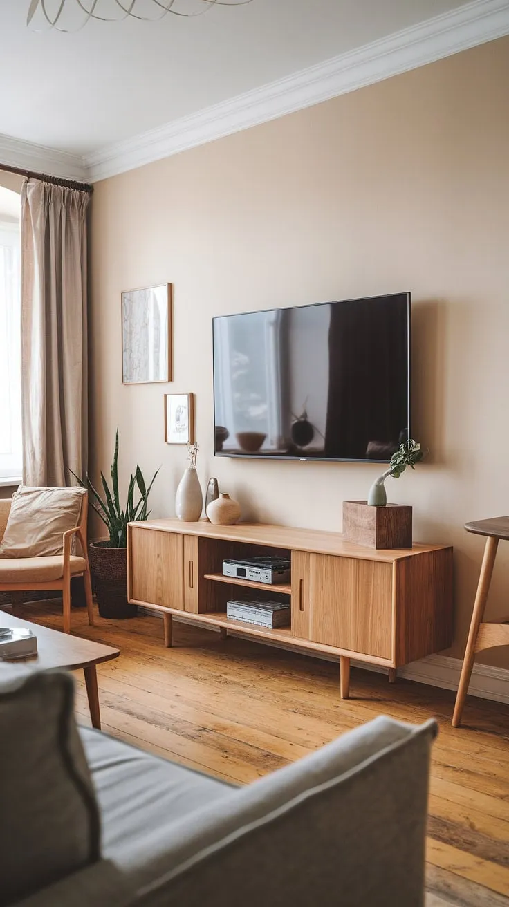 Natural light dances across the oak floors of this serene living room, highlighting the seamless blend of Scandinavian and Japandi design. The minimalist aesthetic, anchored by a sleek oak entertainment center and a thoughtfully curated selection of furniture and decor, fosters a feeling of calm and understated sophistication. It's a space designed for mindful living and quiet contemplation.