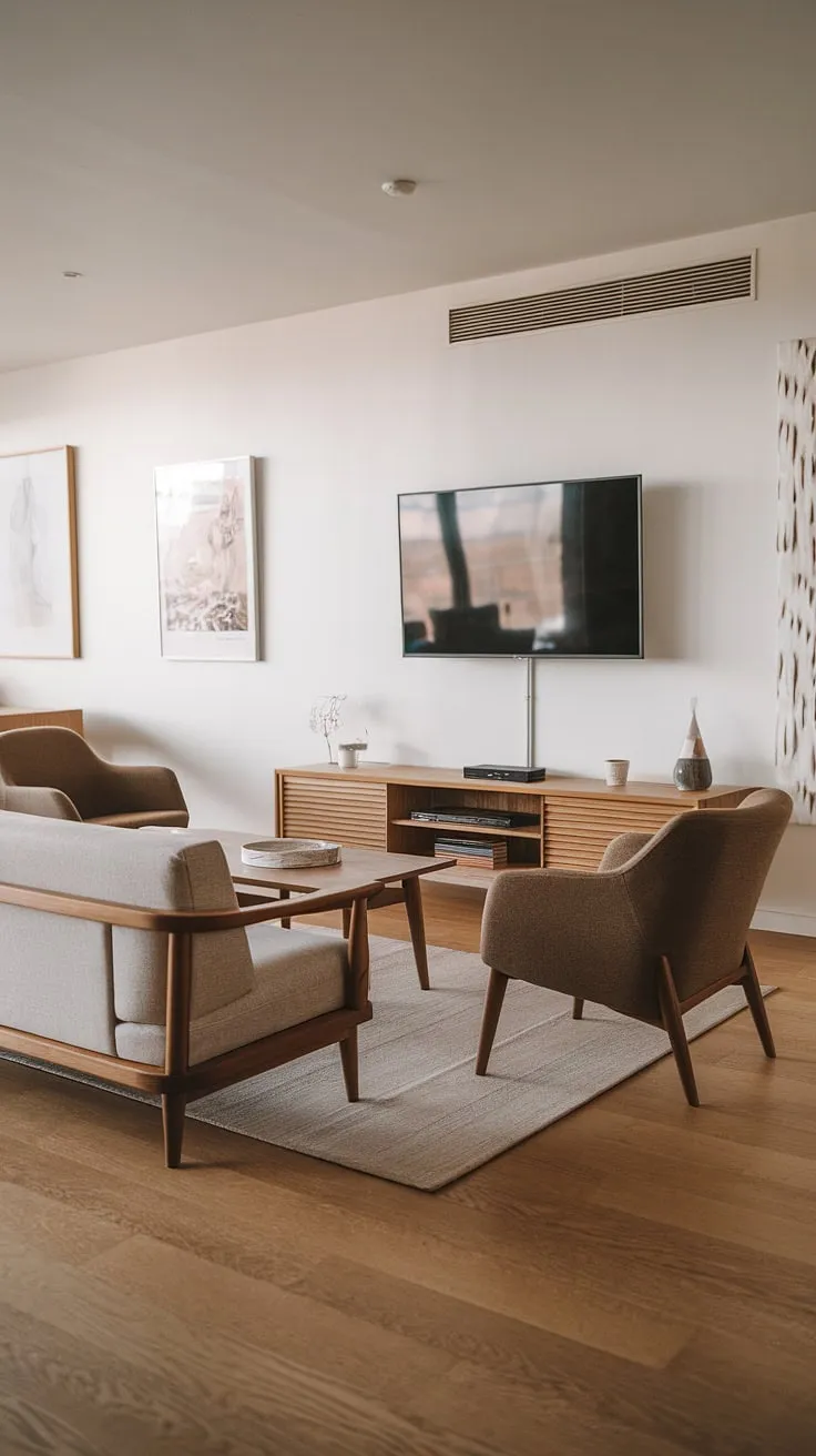 This living room effortlessly blends Scandinavian minimalism with the understated elegance of Japandi design. The neutral palette, punctuated by the rich tones of the oak wood and the subtle artwork, creates a sense of calm and understated luxury. The comfortable seating and thoughtfully chosen accessories invite relaxation and connection.