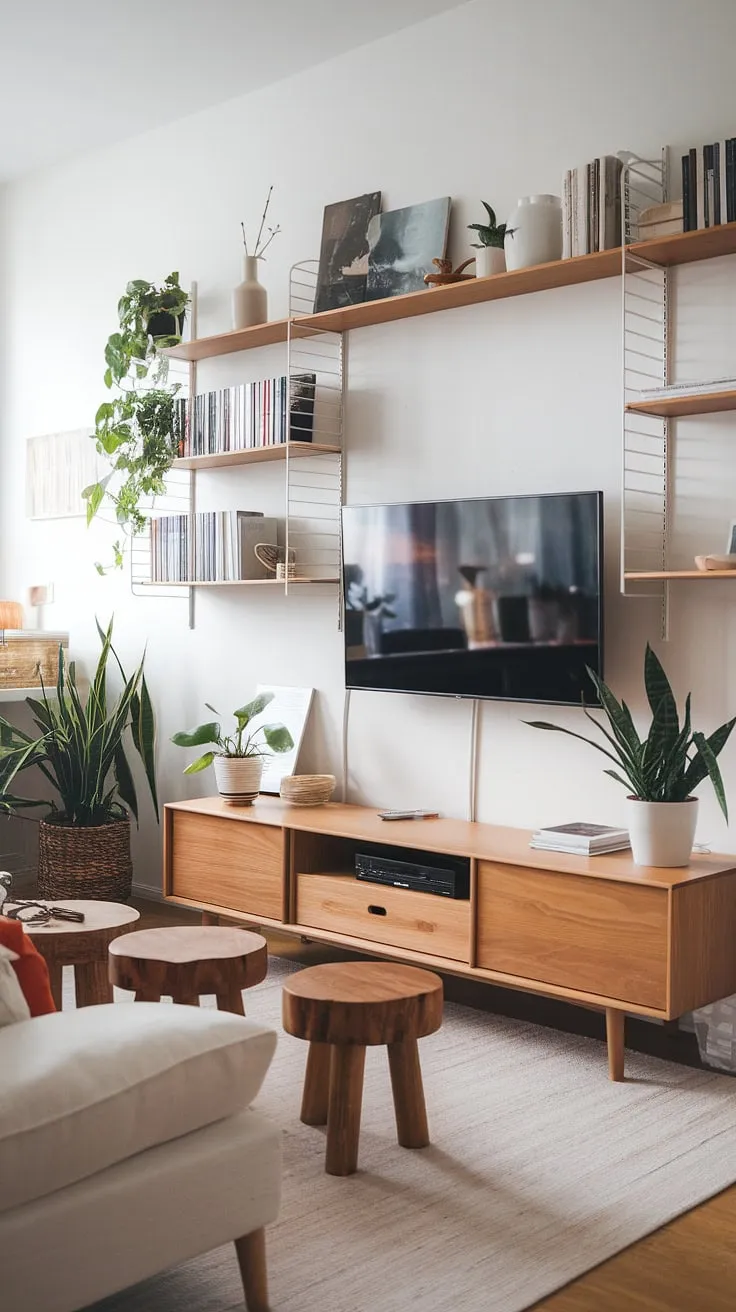 Clean lines, natural light, and a touch of Japanese minimalism define this Scandinavian-inspired living room. The oak entertainment center anchors the space, perfectly complementing the white sofa and the carefully curated collection of books and plants. A sense of calm and understated elegance pervades the room, creating the perfect sanctuary for relaxation and mindful living.