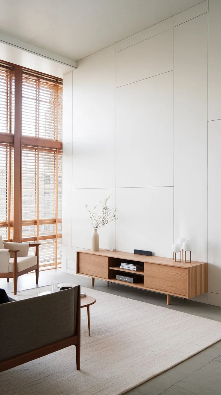 Light floods this airy Scandinavian-Japandi living room, highlighting the clean lines of the oak entertainment center and the subtle texture of the rug. The minimalist aesthetic, punctuated by carefully chosen furniture, fosters a sense of tranquility and understated sophistication. A haven of calm.