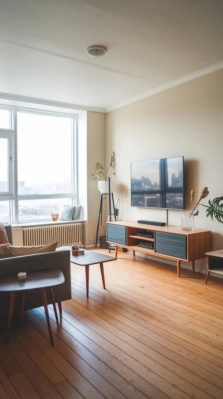 Clean lines, city views, and the warmth of oak define this minimalist Scandinavian living room. The perfect blend of functionality and understated elegance, it's a space designed for relaxation and effortless living. A sense of calm pervades every detail.