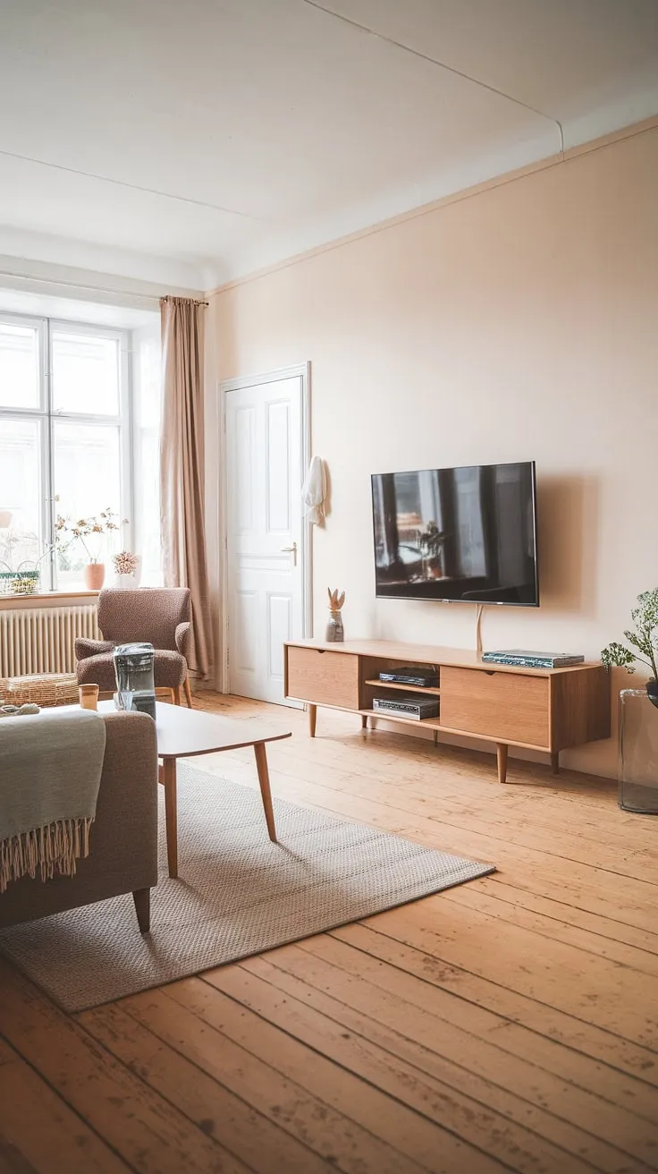 Sunlight streams through the large windows, illuminating the minimalist Scandinavian living room. The pale oak floors and simple furniture create a serene atmosphere, perfect for relaxation and quiet contemplation. A sleek wooden entertainment center houses the TV, seamlessly blending modern technology with the room's natural aesthetic.
