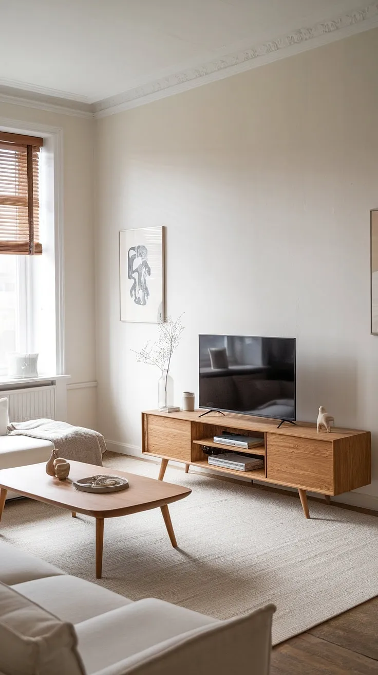 This Scandinavian living room embodies simplicity and style. The light oak television stand anchors the space, its natural warmth contrasting beautifully with the crisp white walls and minimalist furniture. A haven of calm and understated sophistication.