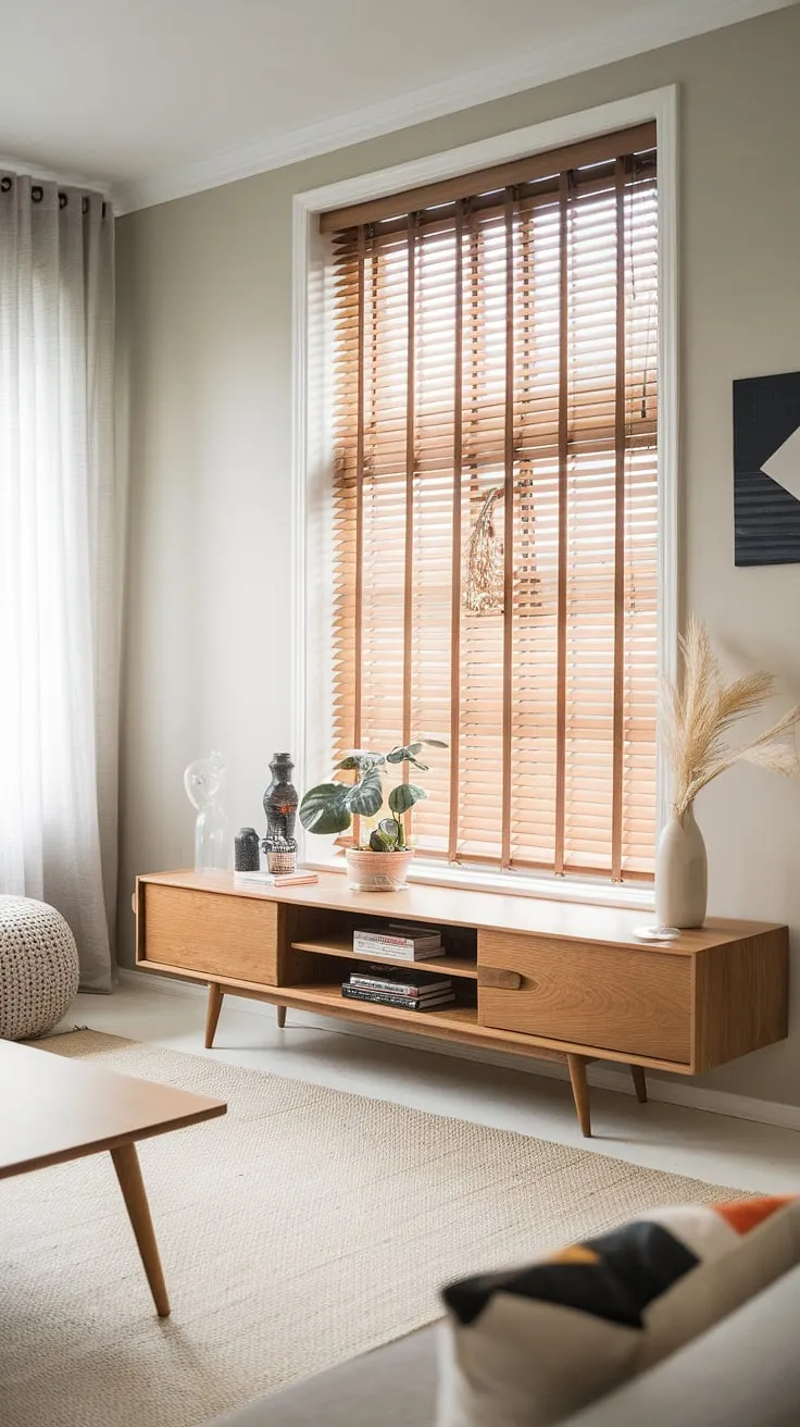This serene Scandinavian space showcases the beauty of simplicity. The natural oak TV stand anchors the room, complemented by the soft grey walls and the gentle light filtering through the wooden blinds. A haven of calm and understated elegance.
