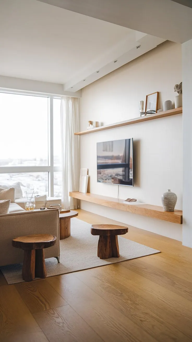 This light-filled living room seamlessly blends Scandinavian simplicity with the warmth of Japandi design. The built-in media wall, featuring natural wood and a minimalist aesthetic, anchors the space, while the beige sofa and wooden stools invite relaxation. A tranquil haven for modern living.