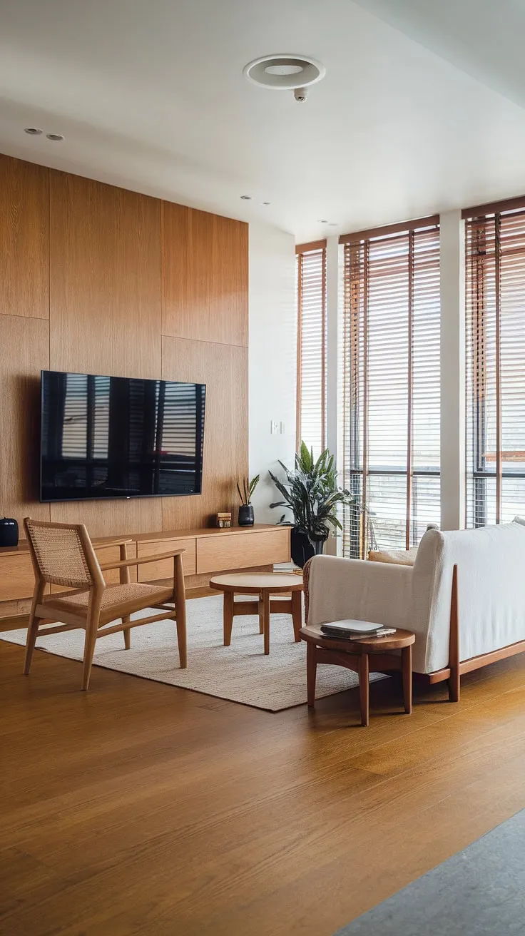 Natural light streams through the wooden blinds, illuminating the tranquil beauty of this Scandinavian-Japandi haven. The oak floors and minimalist media wall featuring a mounted TV create a sophisticated yet uncluttered space, while the white sofa and wooden chairs offer comfortable seating. A single plant adds a touch of nature to this perfectly balanced room, showcasing the harmonious blend of Japanese and Scandinavian design principles.