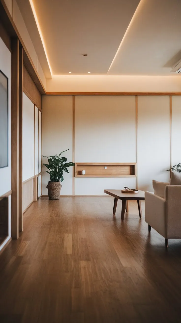 A sanctuary of calm. This Scandinavian-Japandi living room, with its light oak floors and minimal furniture, offers a haven of peace and tranquility. The subtle interplay of textures and the warm, soft lighting create an atmosphere of understated sophistication, perfect for relaxation and rejuvenation.