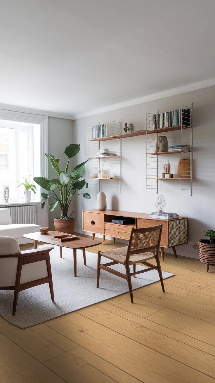 This Japandi-infused Scandinavian living room is a study in understated elegance. The pale grey walls provide a neutral backdrop for the natural wood tones of the furniture and flooring. A white sofa offers a comfortable focal point, while a large potted plant brings life and vibrancy to the space. The overall effect is one of calm and sophisticated simplicity.