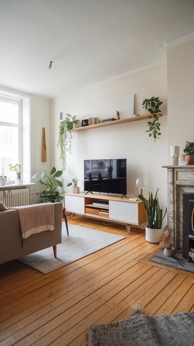This minimalist Scandinavian living room showcases the beauty of natural materials. The oak flooring, Japandi-inspired media wall, and strategically placed greenery create a tranquil atmosphere. A perfect blend of form and function, this space is an oasis of calm.