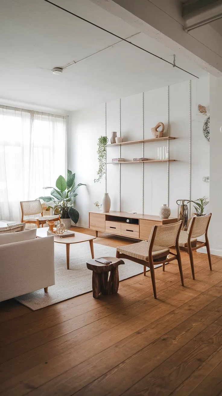 Light floods this serene Japandi living room, showcasing the warmth of the oak floors and the clean lines of the minimalist TV wall. The white sofa invites relaxation, complemented by the simple elegance of the wooden chairs and the carefully curated shelves. A touch of nature is added by the potted plant, creating a calm and inviting atmosphere. A sense of understated luxury pervades the space.