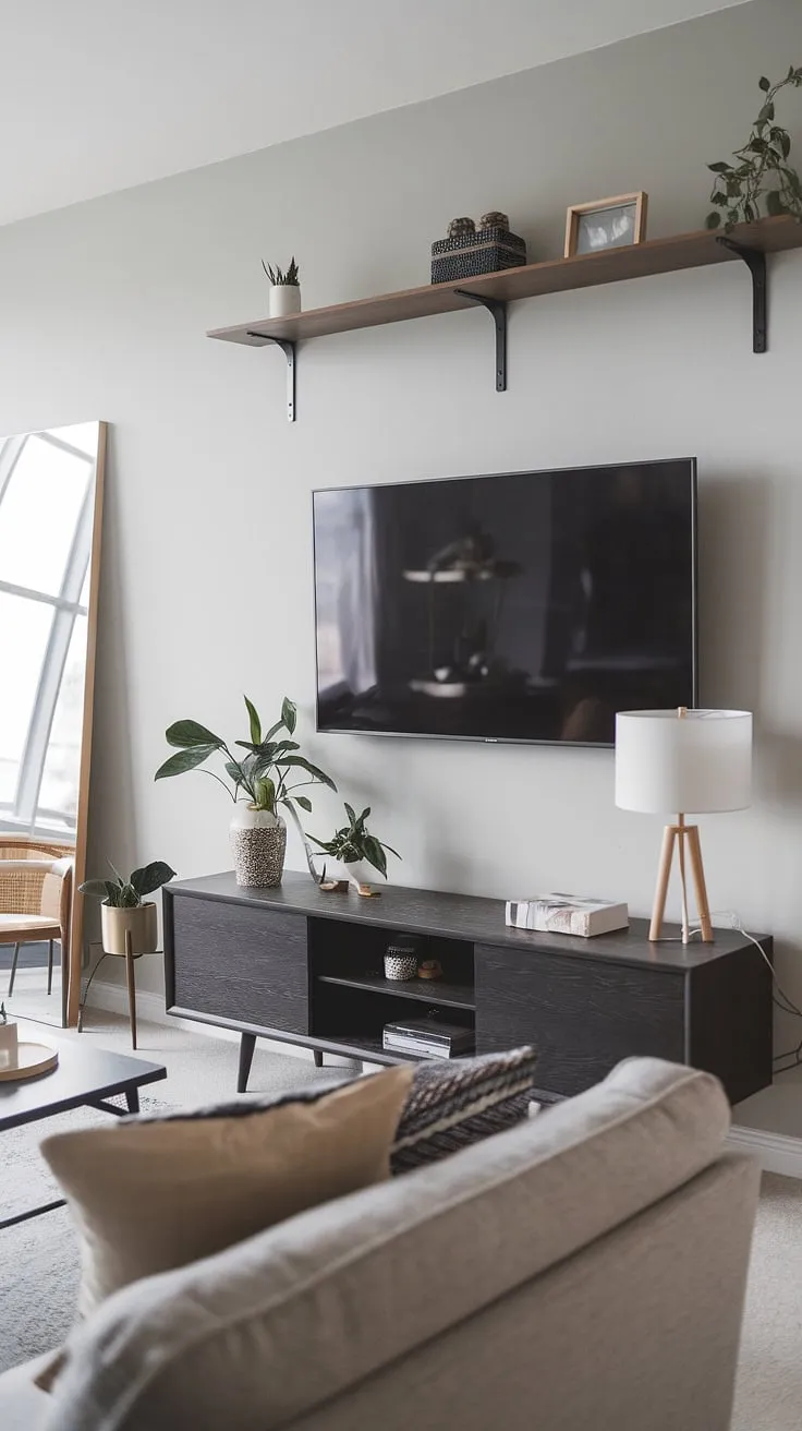 Clean lines and a neutral palette define this serene Scandinavian modern living room. The muted gray walls provide a sophisticated backdrop for the dark wood accents and the comfortable gray sofa. A few thoughtfully chosen pieces, such as the minimalist artwork and the strategically placed plant, add subtle character to this impeccably styled space.