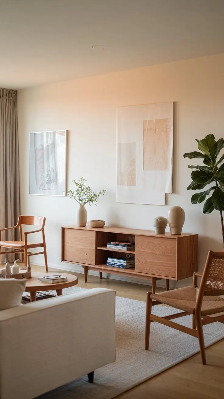 Warm light bathes this minimalist Scandinavian living room, anchored by a striking oak entertainment center. The clean lines and natural wood tones create a serene atmosphere, perfectly complemented by the white sofa and carefully chosen artwork. A touch of greenery adds life to this effortlessly stylish space.