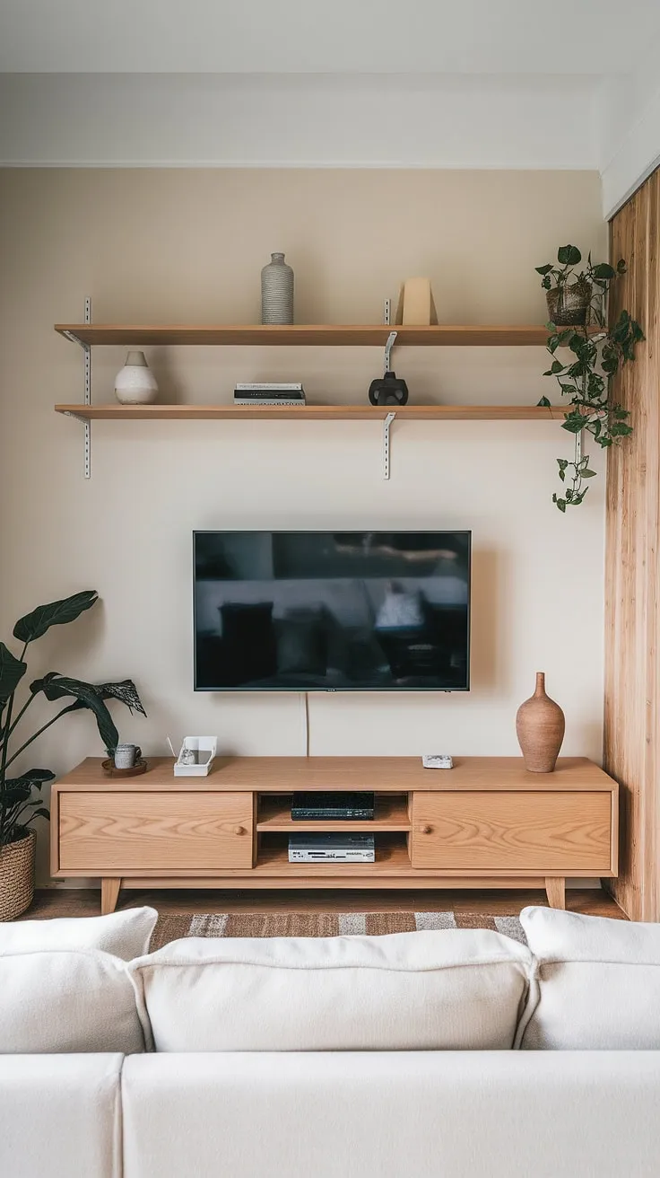Calm and collected. This Scandinavian-inspired living room, with its minimalist oak entertainment center and subtle Japandi influences, creates a haven of tranquility. The neutral palette and carefully chosen accents, like the potted plant and wooden vase, contribute to a sense of serene sophistication. A perfectly balanced space.