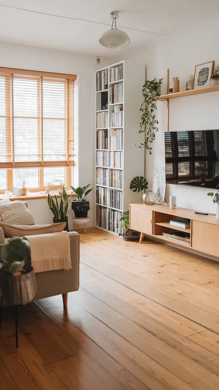 Sunlight streams through the wooden blinds, illuminating the calm serenity of this Scandinavian and Japandi-inspired living room. The minimalist aesthetic, anchored by a modern oak floor and a thoughtfully curated bookshelf, creates a space that feels both spacious and inviting. A sense of understated elegance permeates every detail, from the beige sofa to the clean lines of the media wall. This is a home designed for mindful living.