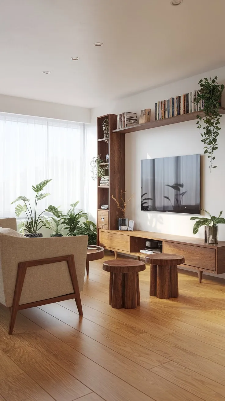 Natural light dances across the oak floors of this thoughtfully designed living room. The fusion of Scandinavian and Japanese aesthetics is evident in the clean lines, natural materials, and understated elegance. A haven of tranquility, this space embodies a sense of calm and understated luxury.