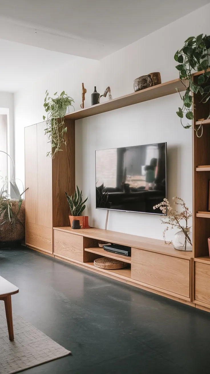 Clean lines and natural materials define this living room's sophisticated aesthetic. The custom oak entertainment center is a stunning focal point, seamlessly integrating technology and style. Subtle pops of greenery add a touch of life to the minimalist palette, resulting in a space that feels both calm and incredibly stylish.