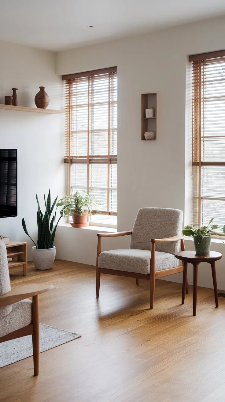 Clean lines and natural materials define this minimalist living room, a harmonious blend of Scandinavian and Japandi design. The oak floors, wooden accents, and strategically placed greenery create a space that feels both modern and inviting. A feeling of calm and understated A pervades the room, making it an ideal sanctuary.