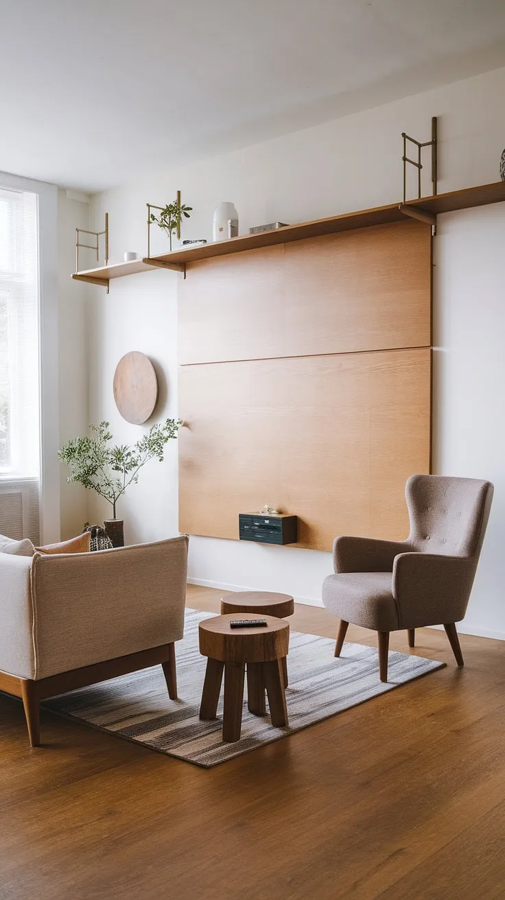Calm and considered, this Scandinavian-Japandi living room effortlessly blends minimalist aesthetics with natural warmth. The oak floors, wooden furniture, and subtle textures create a serene atmosphere, perfect for relaxation and mindful living. A sense of understated elegance pervades the space, showcasing the beauty of simplicity.